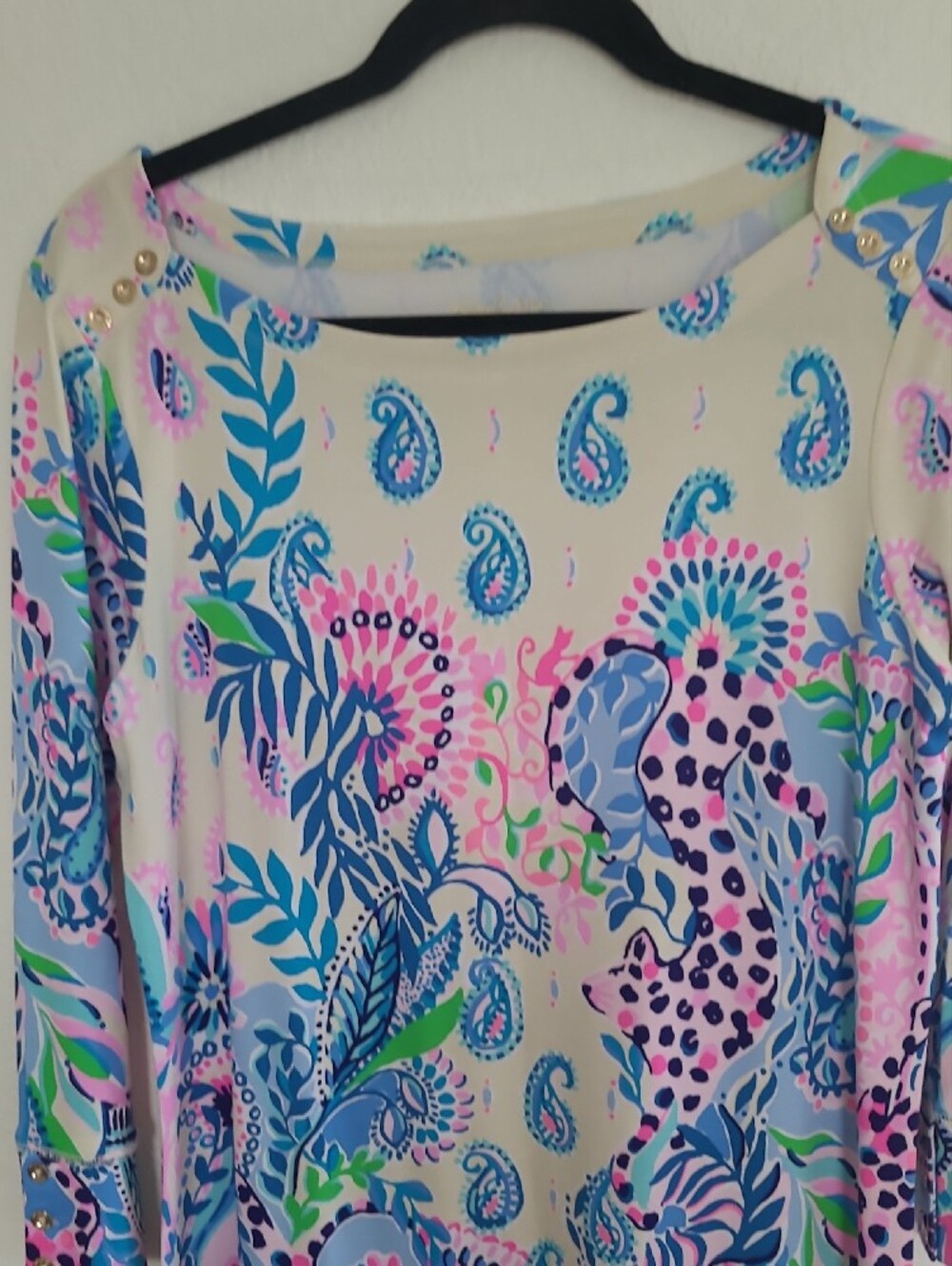 Lilly Pulitzer Cream Shift Dress with Pink & Blue Paisley &"Pink Leopard" Design - Picture 10 of 11